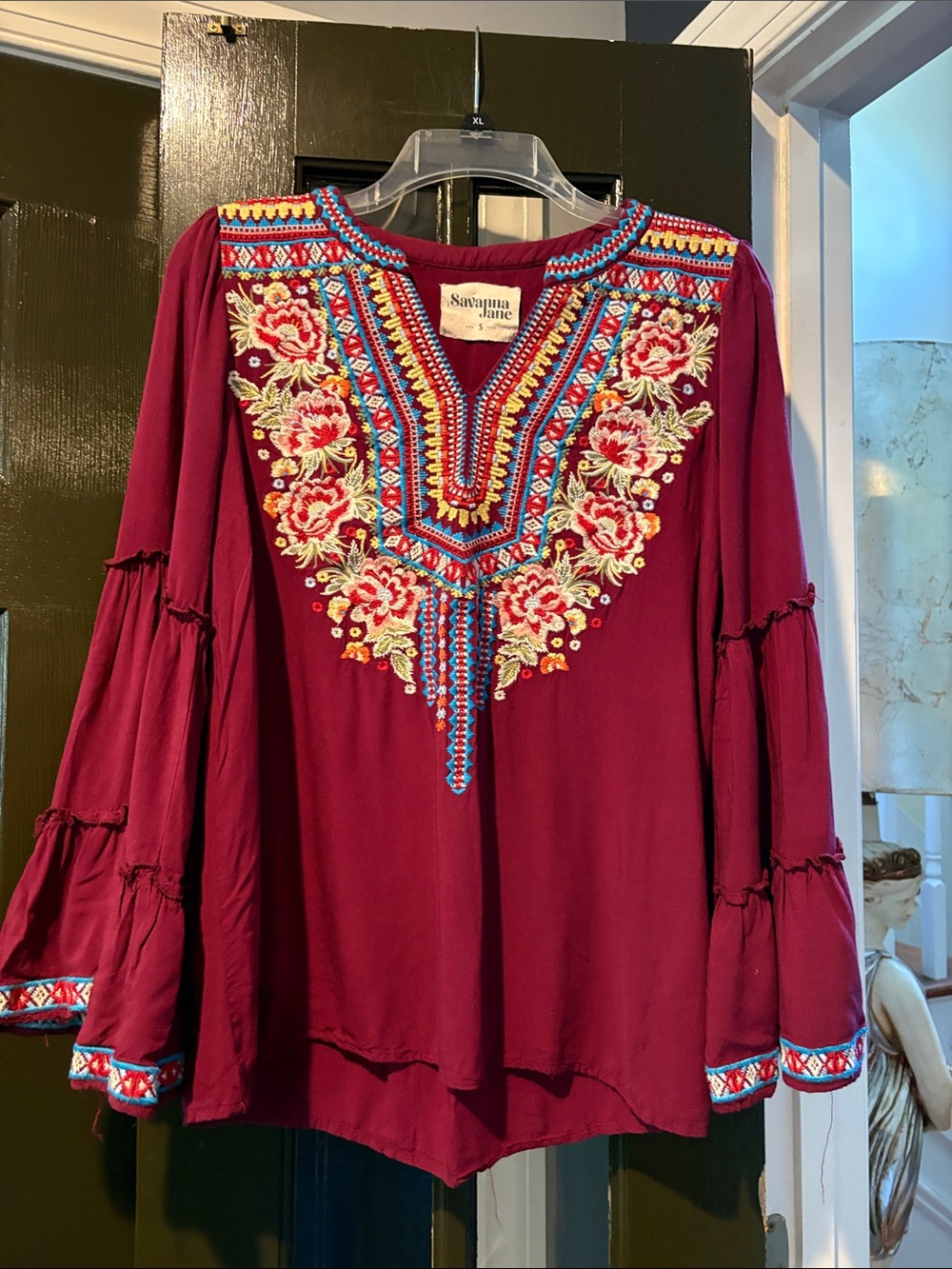 Savanna Jane Maroon Embroidered V-Neck Tunic with Multicolor Floral Accents